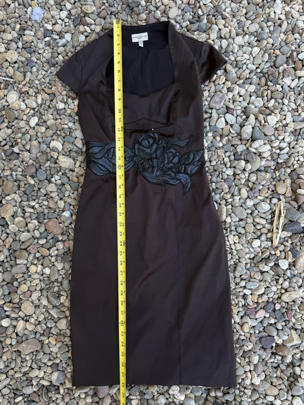 Karen Millen Dark Brown Midi Dress with Faux Leather Floral Embroidered Waist - Picture 7 of 12